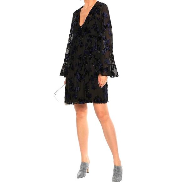 Diane Von Furstenberg M Adelita Velvet Burnout Shimmer Babydoll Dress Black Blue - Picture 13 of 15